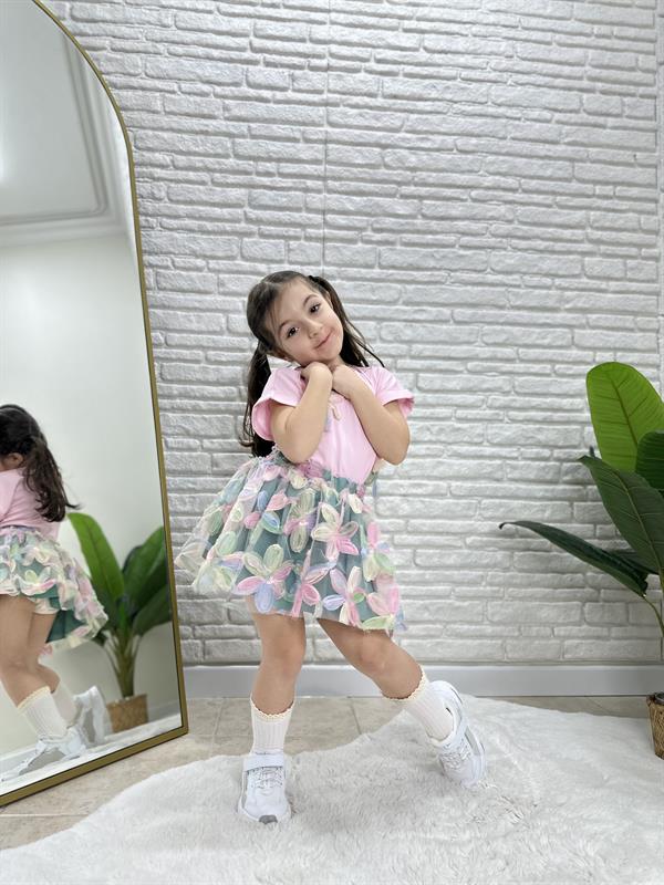 Kız Çocuk Çiçekli Etek Pembe Bluz Takım