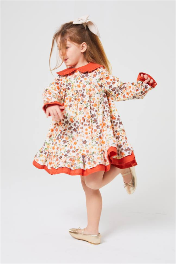 Kız Çocuk Çiçekli Oranj Elbise