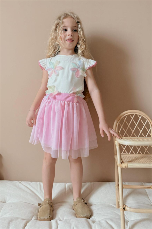 Kız Çocuk Çiçekli Tütülü Pembe Takım 