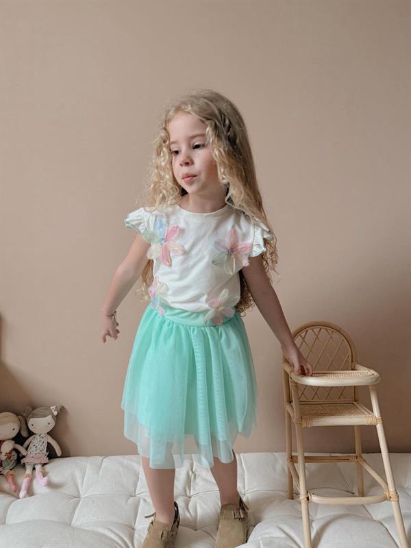 Kız Çocuk Çiçekli Tütülü Turkuaz Takım 
