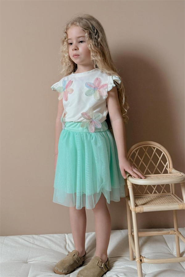 Kız Çocuk Çiçekli Tütülü Turkuaz Takım 