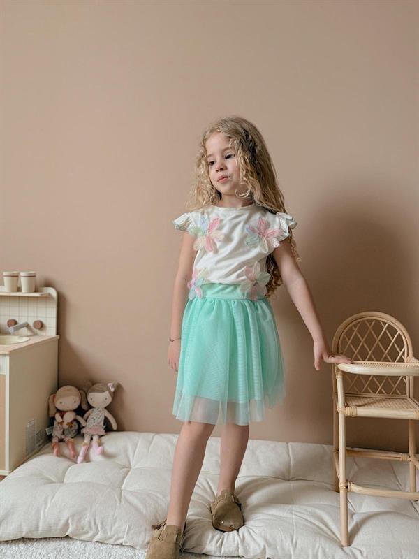 Kız Çocuk Çiçekli Tütülü Turkuaz Takım 