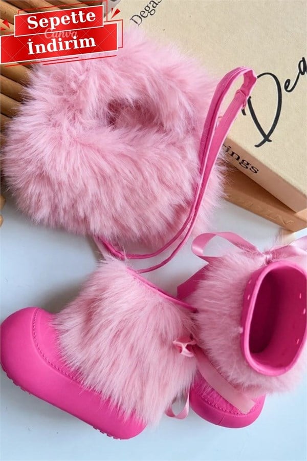 Kız Çocuk Çıkarılabılır Kürklü Yağmur Botu Pembe (Çanta Hediyeli)