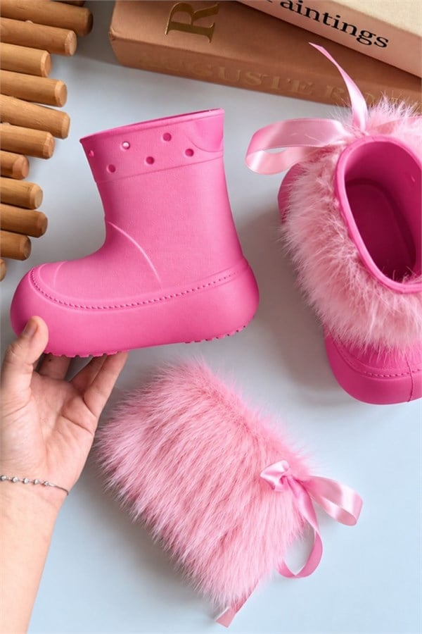 Kız Çocuk Çıkarılabılır Kürklü Yağmur Botu Pembe (Çanta Hediyeli)