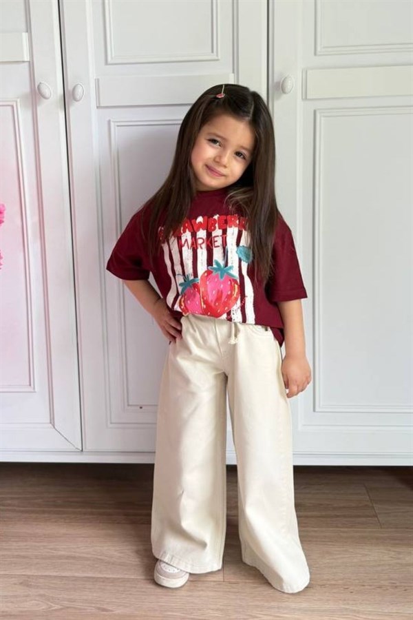 Kız Çocuk Çilekli Bordolu Kremli  Denim İspanyol Takım
