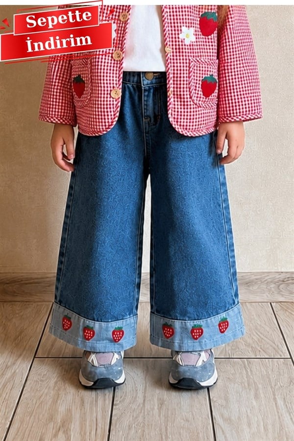 Kız Çocuk Çilekli Mevsimlik Denim Pantolon