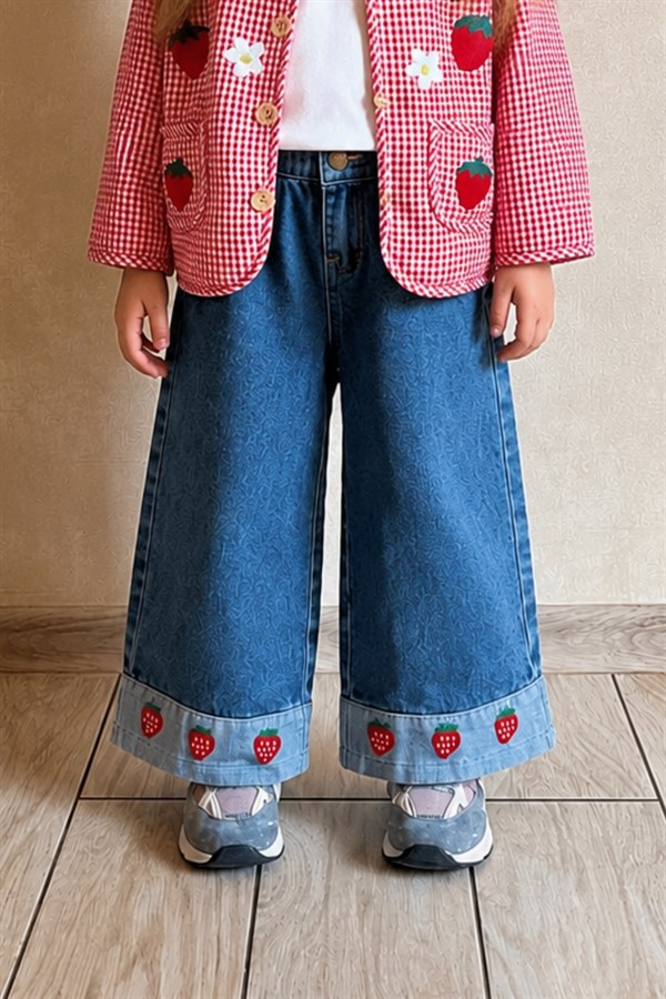 Kız Çocuk Çilekli Mevsimlik Denim Pantolon