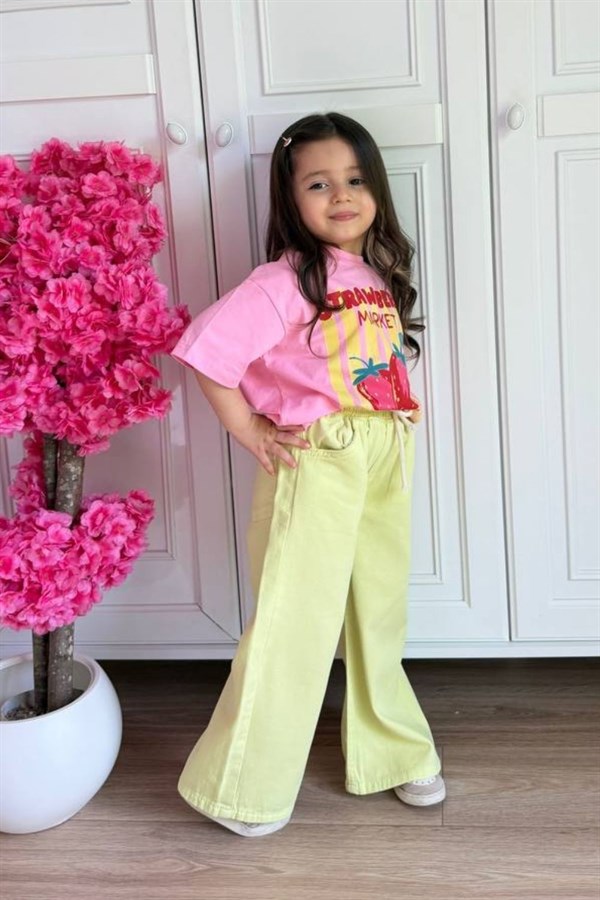 Kız Çocuk Çilekli Pembeli Sarılı Denim İspanyol Takım