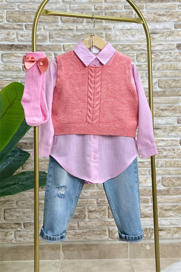 Kız Çocuk Çoraplı Takım Süveterli Tunik Gömlek