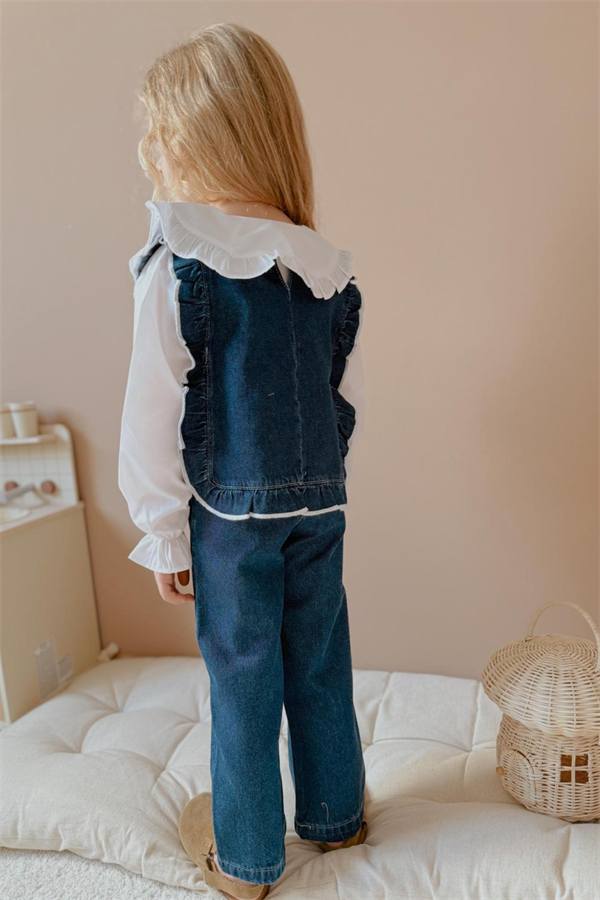 Kız Çocuk Denim 3 Parça Gömlekli Pantolon Mavi Takım