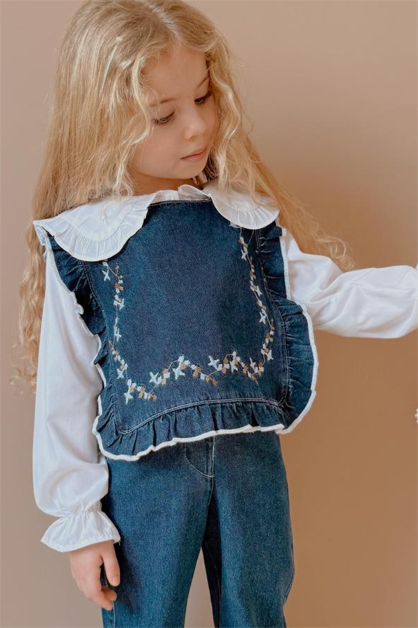 Kız Çocuk Denim 3 Parça Gömlekli Pantolon Mavi Takım