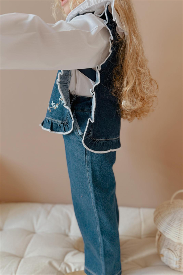 Kız Çocuk Denim 3 Parça Gömlekli Pantolon Mavi Takım