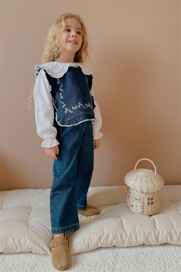 Kız Çocuk Denim 3 Parça Gömlekli Pantolon Mavi Takım