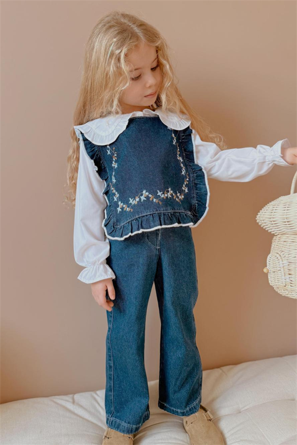 Kız Çocuk Denim 3 Parça Gömlekli Pantolon Mavi Takım