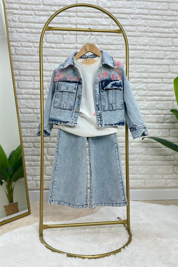 Kız Çocuk  Denim Çiçekli Takım