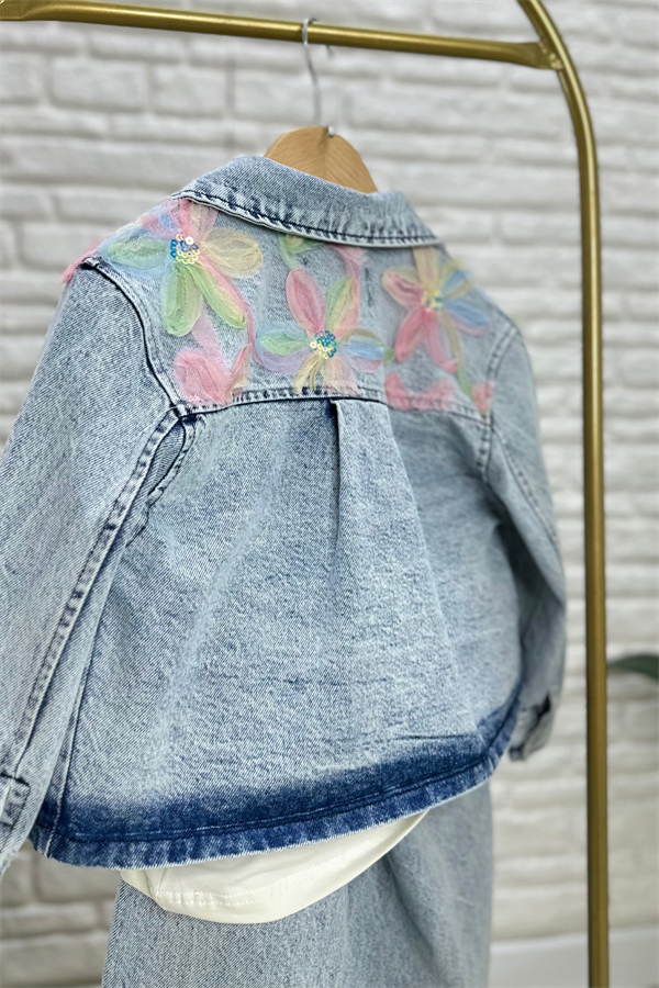 Kız Çocuk  Denim Çiçekli Takım