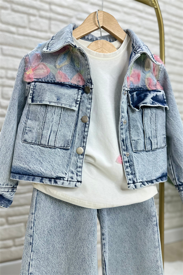 Kız Çocuk  Denim Çiçekli Takım