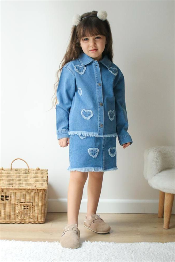 Kız Çocuk Denim Etekli Kalpli Takım 