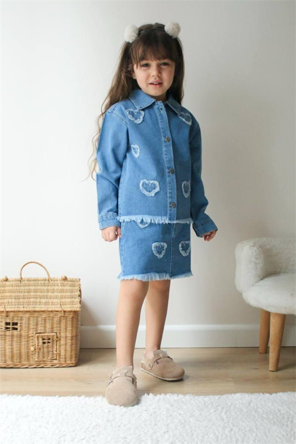 Kız Çocuk Denim Etekli Kalpli Takım 