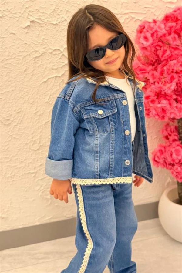 Kız Çocuk Denim İşlemeli Takım