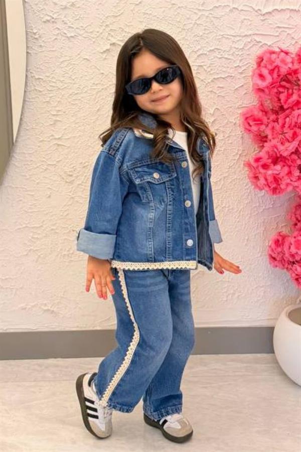 Kız Çocuk Denim İşlemeli Takım