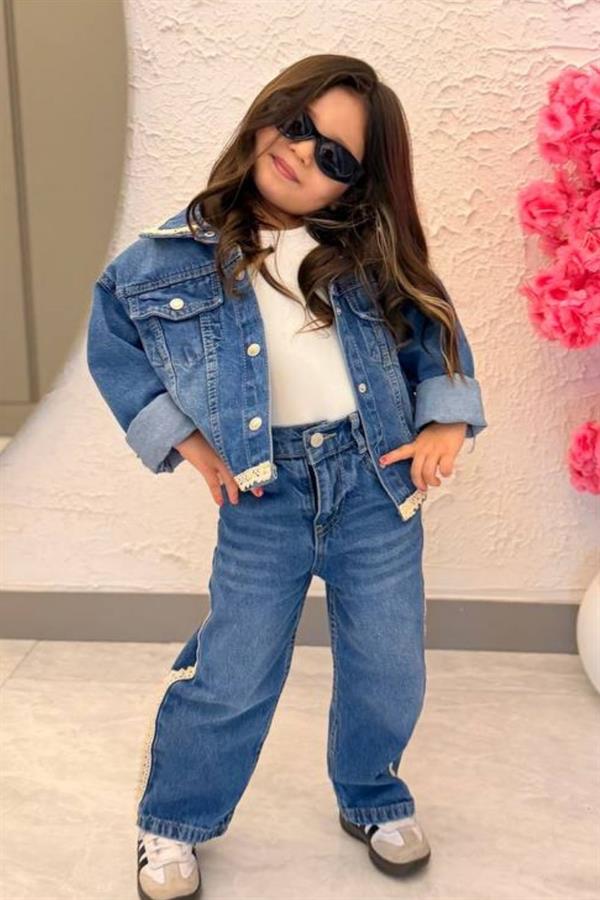 Kız Çocuk Denim İşlemeli Takım