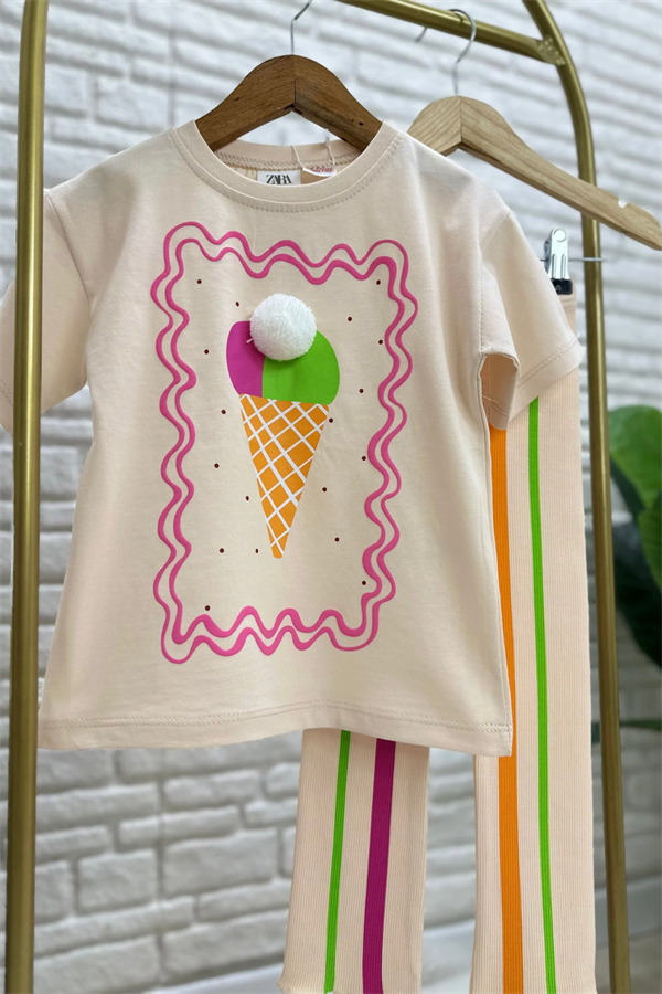 Kız Çocuk Dondurmalı Taytlı Yaz Takım  