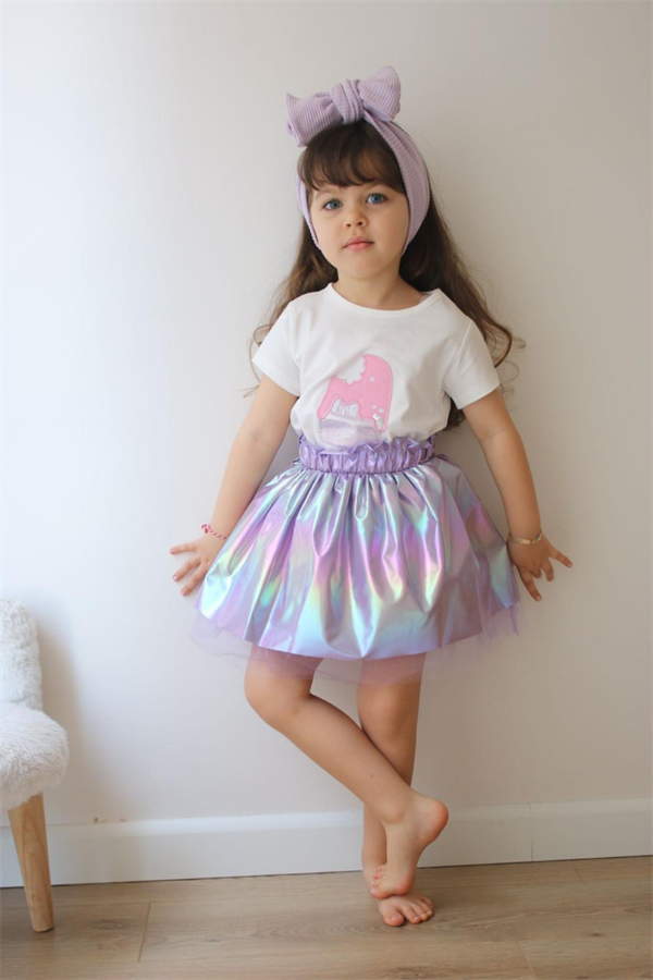 Kız Çocuk Dondurmalı Tütülü Lila  Etekli Takım 