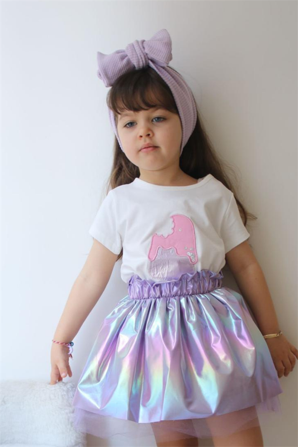 Kız Çocuk Dondurmalı Tütülü Lila  Etekli Takım 