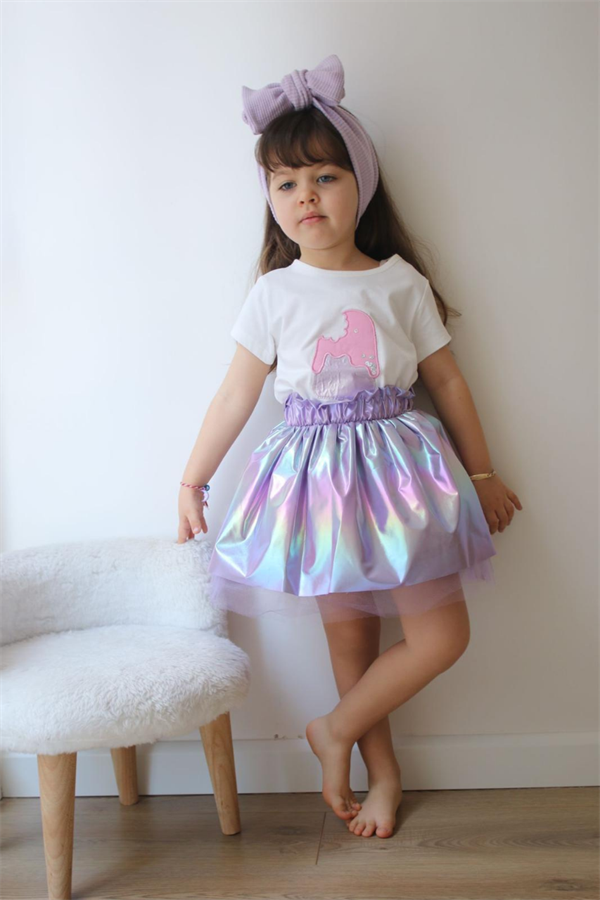 Kız Çocuk Dondurmalı Tütülü Lila  Etekli Takım 