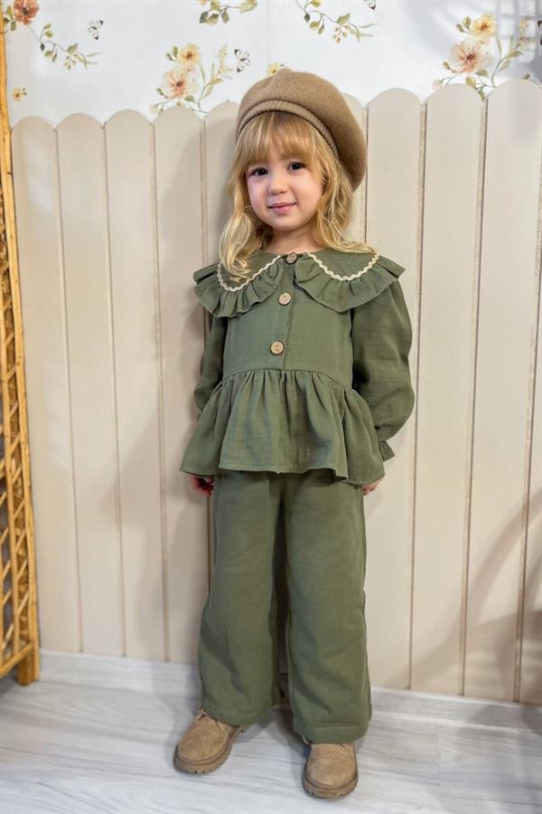 Kız Çocuk Düğmeli Haki Takım