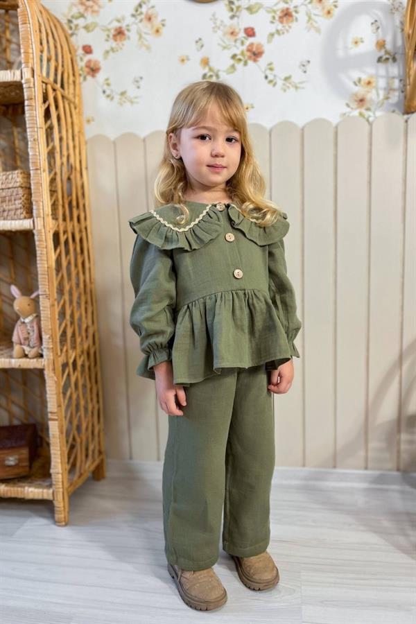 Kız Çocuk Düğmeli Haki Takım
