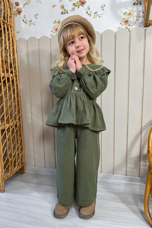 Kız Çocuk Düğmeli Haki Takım