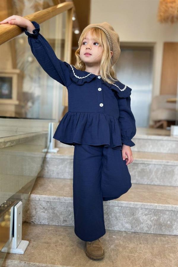 Kız Çocuk Düğmeli Lacivert Takım