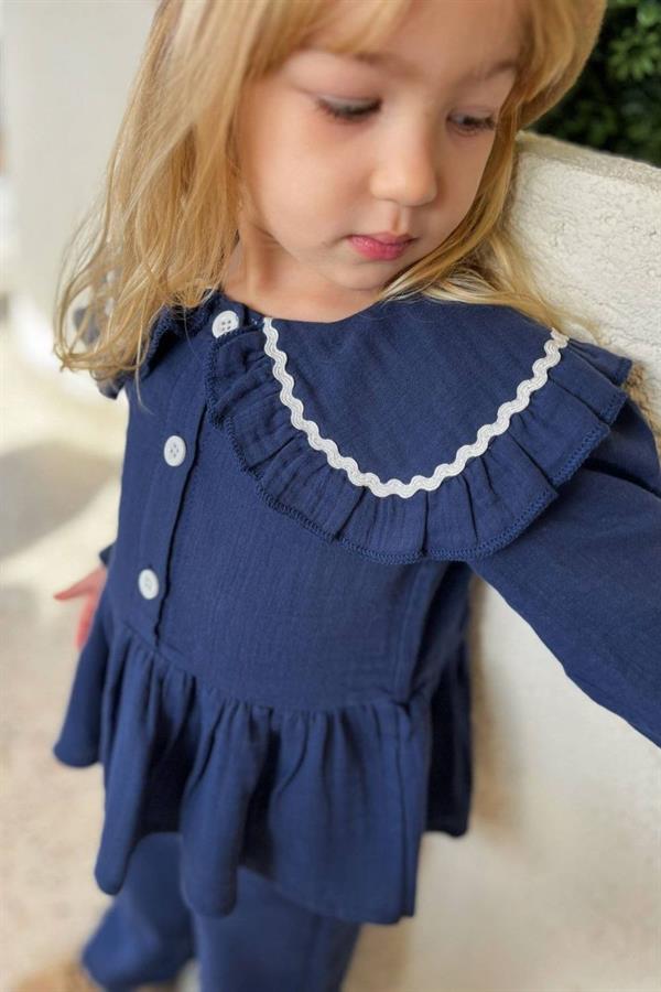 Kız Çocuk Düğmeli Lacivert Takım