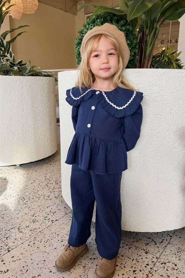 Kız Çocuk Düğmeli Lacivert Takım