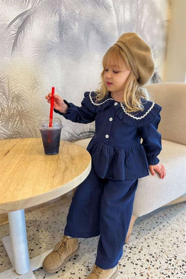 Kız Çocuk Düğmeli Lacivert Takım