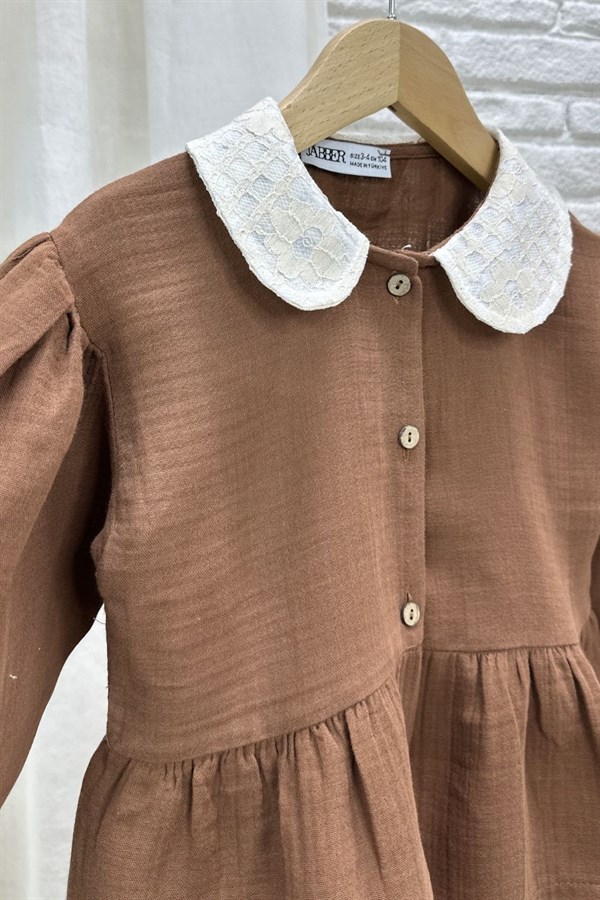 Kız Çocuk Düğmeli Müslin Kahve Takım