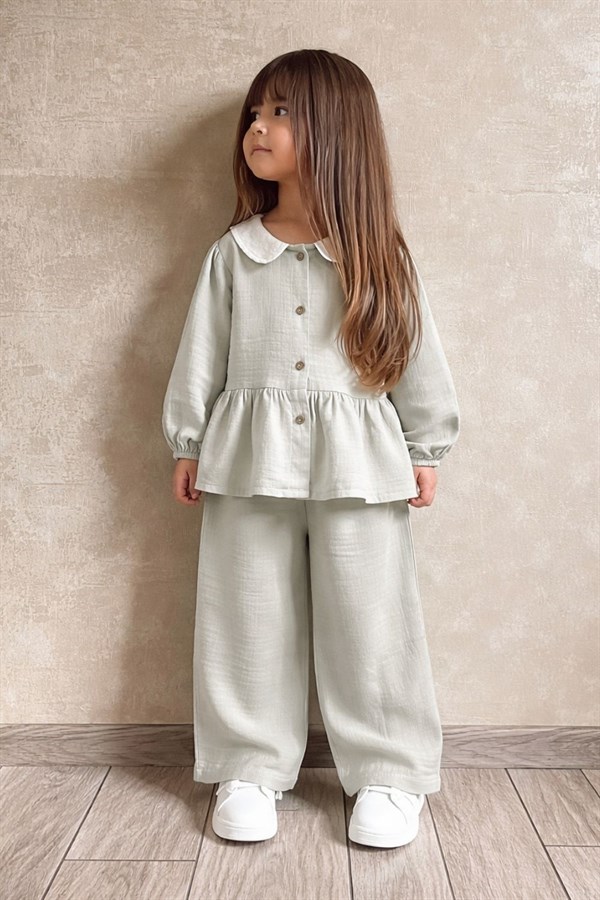 Kız Çocuk Düğmeli Müslin Su Yeşili  Takım