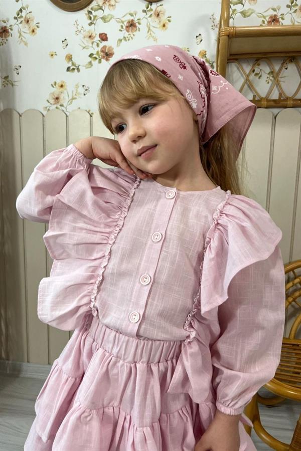 Kız Çocuk Etekli Fırfırlı Keten Pembe Takım
