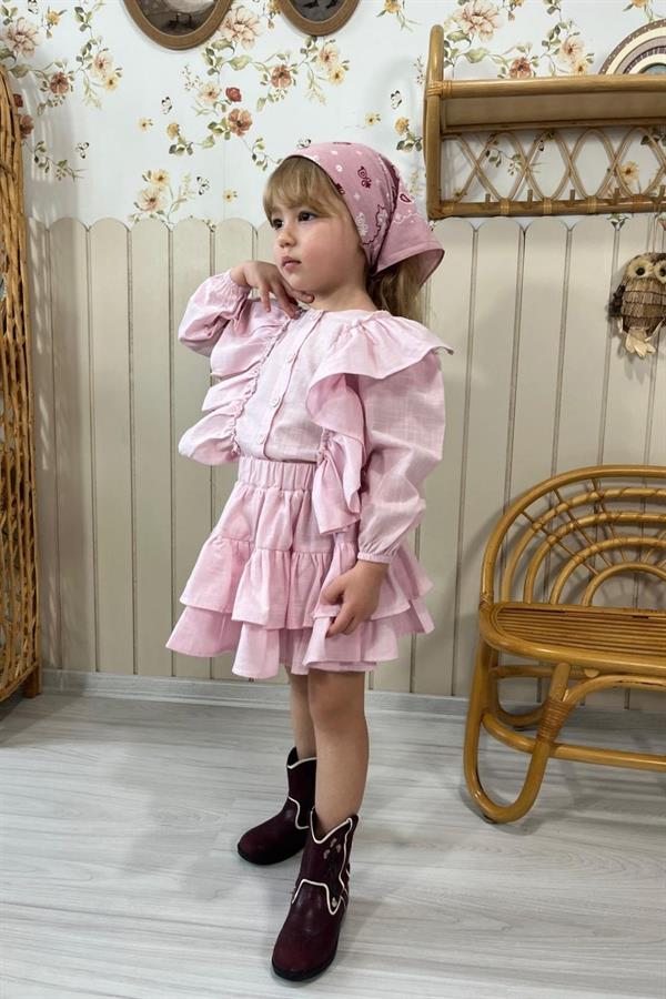 Kız Çocuk Etekli Fırfırlı Keten Pembe Takım