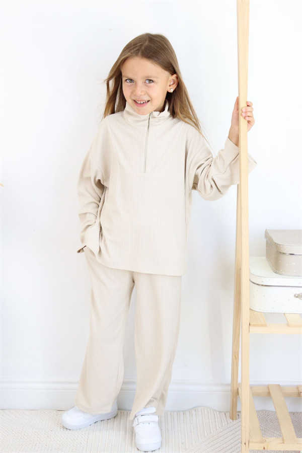 Kız Çocuk Fermuarlı Balıkçı Yaka Krem Kaşkorse  Takım