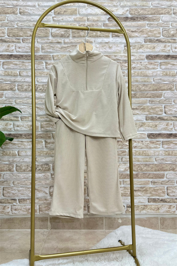 Kız Çocuk Fermuarlı Balıkçı Yaka Krem Kaşkorse  Takım