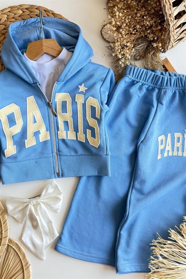 Kız Çocuk Fermuarlı Kapüşonlu Paris Mavi  Takım