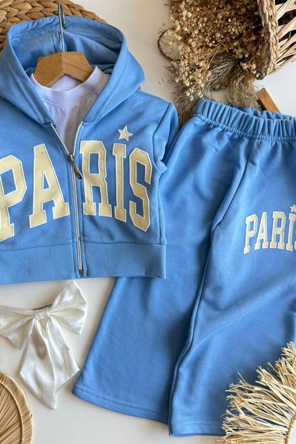 Kız Çocuk Fermuarlı Kapüşonlu Paris Mavi  Takım
