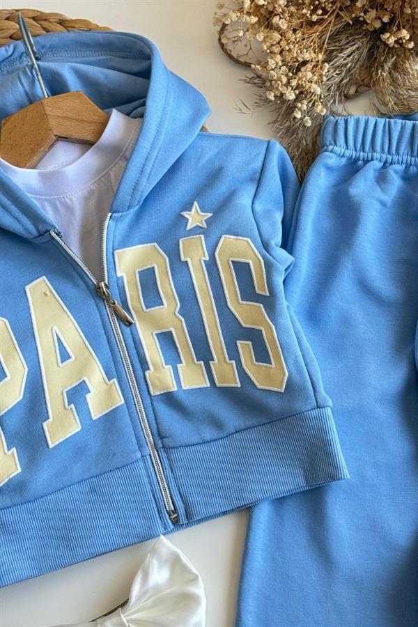 Kız Çocuk Fermuarlı Kapüşonlu Paris Mavi  Takım
