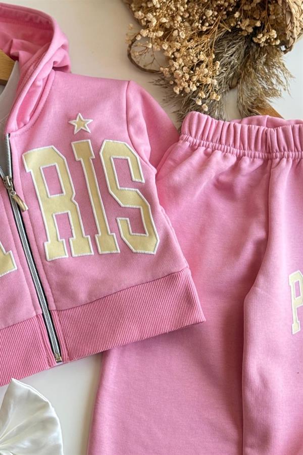 Kız Çocuk Fermuarlı Kapüşonlu Paris Pembe  Takım