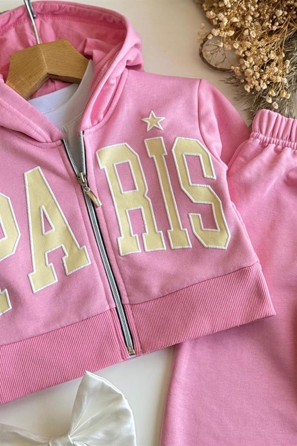 Kız Çocuk Fermuarlı Kapüşonlu Paris Pembe  Takım