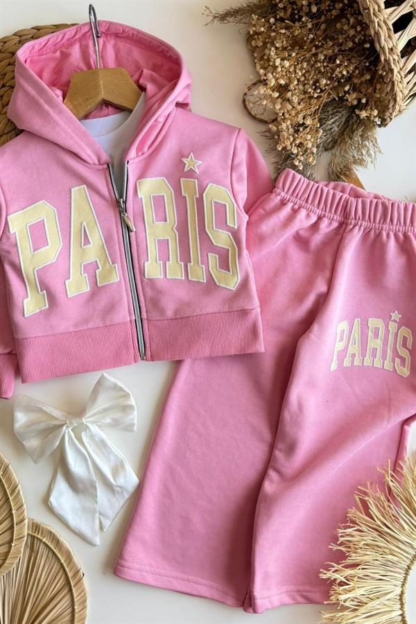 Kız Çocuk Fermuarlı Kapüşonlu Paris Pembe  Takım