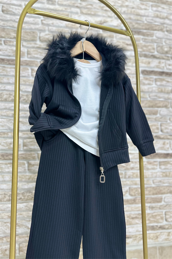 Kız Çocuk Fermuarlı Kürk Detaylı Siyah Takım